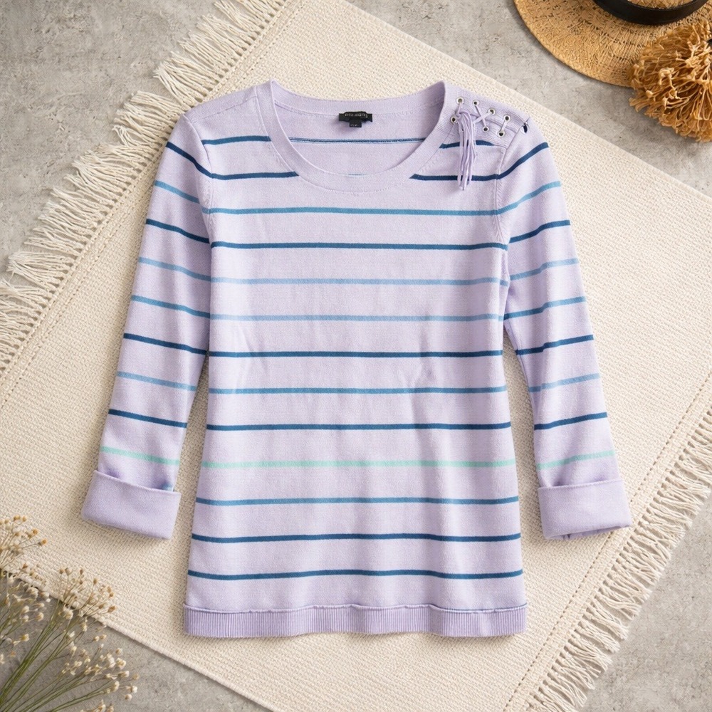 Talbots Womens M Striped Lace Up Shoulder Sweater Light Purple Blue Green